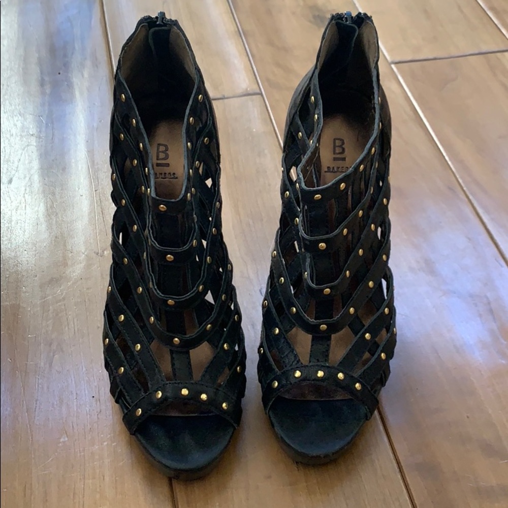 Bakers black leather caged bootie with gold studs